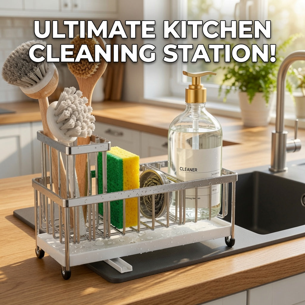 Cisily Premium Silver Sponge Holder for Kitchen Sink - Stylish Sink Caddy Organizer with High Brush Holder, Rustproof 304 Stainless Steel, Perfect for Soap Dispenser and Countertop Storage