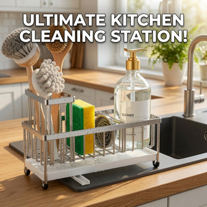 Cisily Premium Silver Sponge Holder for Kitchen Sink - Stylish Sink Caddy Organizer with High Brush Holder, Rustproof 304 Stainless Steel, Perfect for Soap Dispenser and Countertop Storage