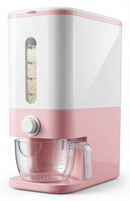 Echora Pink Rice Dispenser - Airtight Rice Storage Container with Measuring Cup & Lid for Kitchen (Holds Rice, Soybeans, Corn & More)