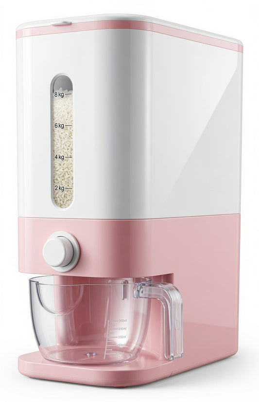 Echora Pink Rice Dispenser - Airtight Rice Storage Container with Measuring Cup & Lid for Kitchen (Holds Rice, Soybeans, Corn & More)